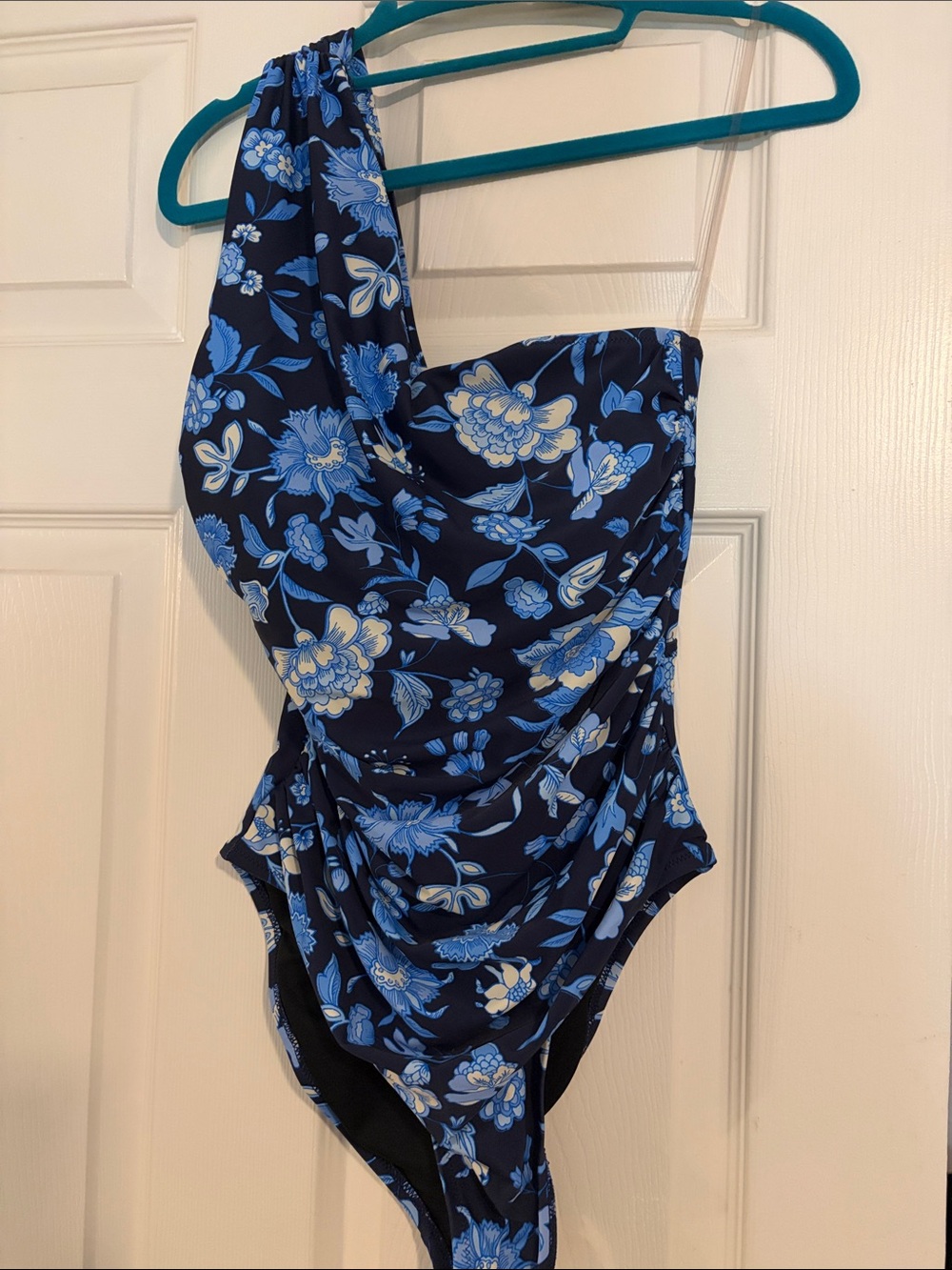 J. Crew Navy and Light Blue Floral One-Shoulder Swimsuit
